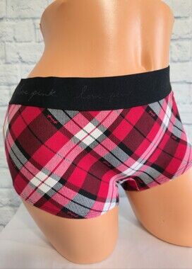PINK Victoria's Secret Black Red Plaid Logo Boyshort Panty Large NEW